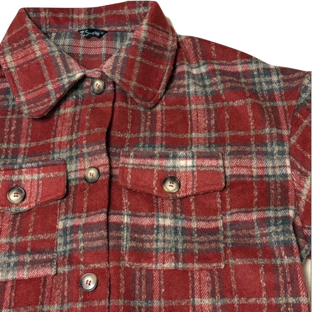 Simplee Women's Cropped Flannel Plaid Shacked Wool Blend Jacket Coat size large - Picture 4 of 9